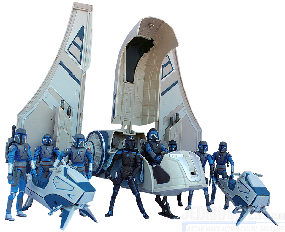 Mandalorian Warriors in front of the Mandalorian Troop Transporter